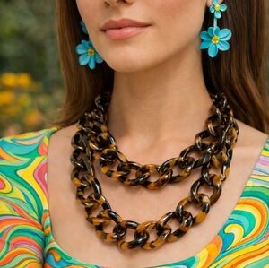 Vintage 1980s Chunky Lucite Tortoiseshell Chain Necklace with Black Ribbon Tie